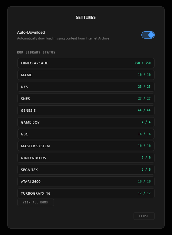 Auto-Download settings UI showing per-system ROM counts