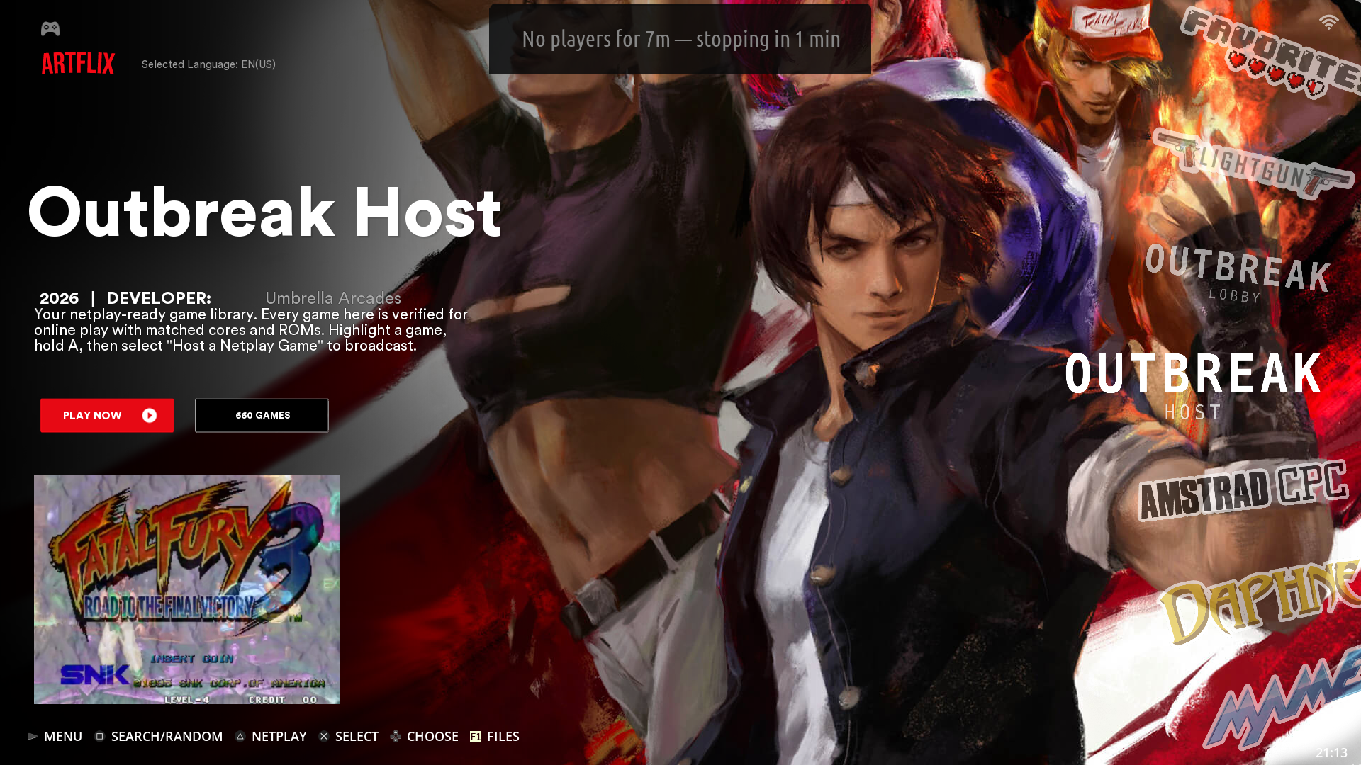 Outbreak Host carousel showing 660 multiplayer games in the Artflix theme