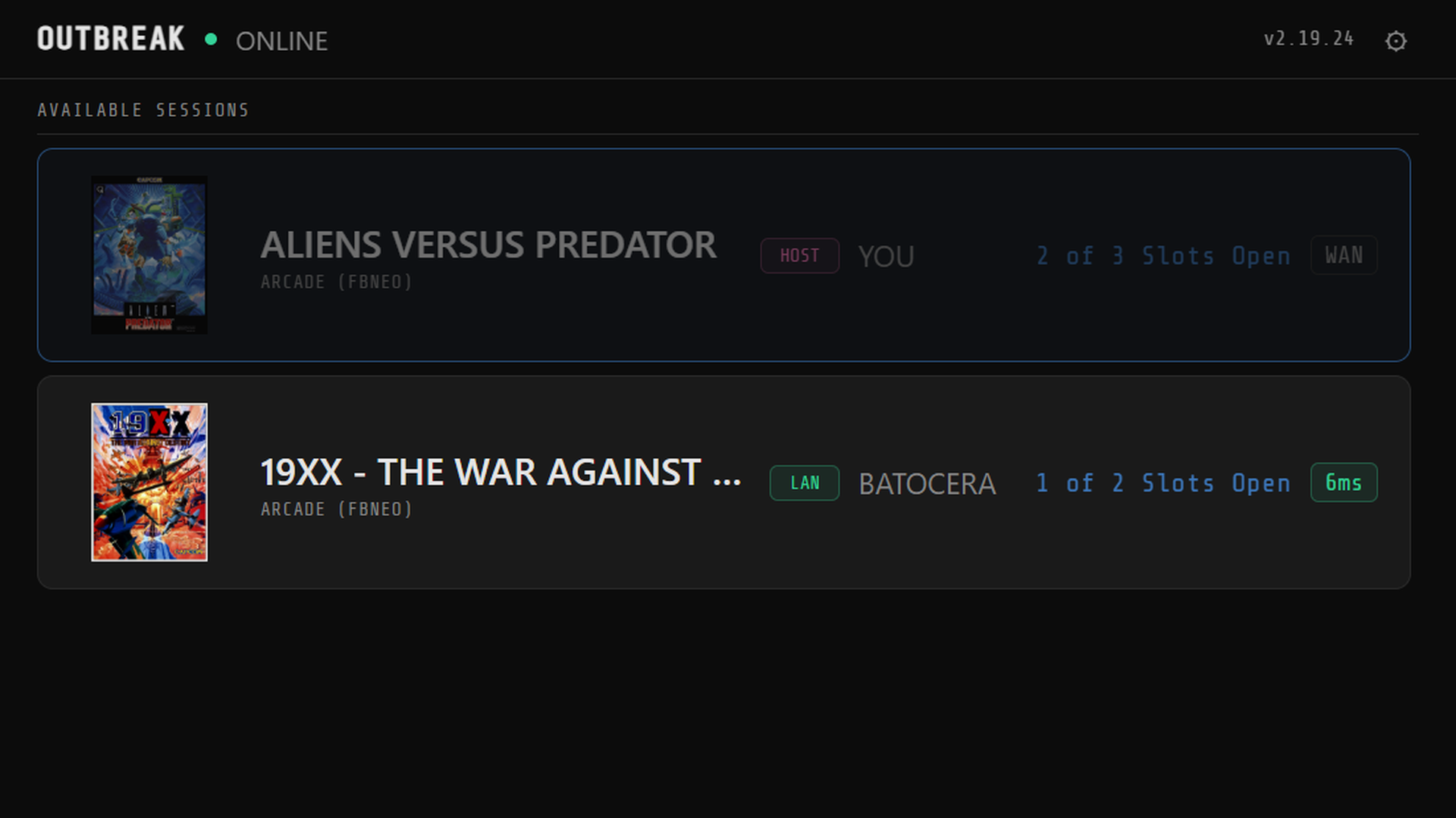 Live session cards showing WAN and LAN games with box art and ping